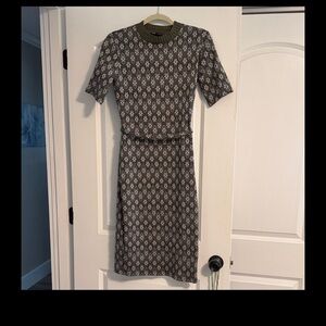 Zara Olive Green Knit Midi Dress with White and Pink Floral Pattern